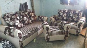 Two Brown-and-white Stripe Sofa Chairs