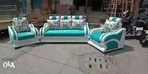 White And Teal Fabric Sofa Set