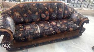 Brown And Blue Floral Fabric 5-seat Sofa