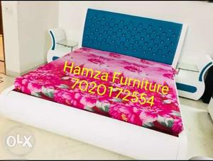 Hamza Furniture White & Firozi Bed with table