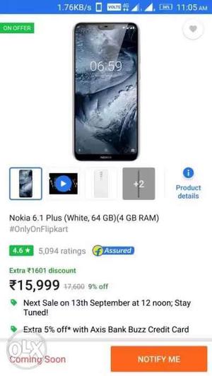 Sealed packed NOKIA 6.1 plus(Blue) with original