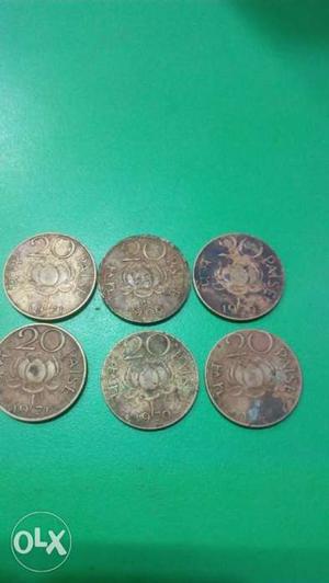 Six 20 India Paise Coins