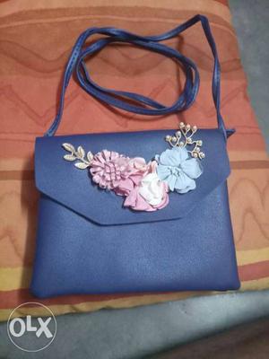 Blue And Pink Floral Leather Handbag