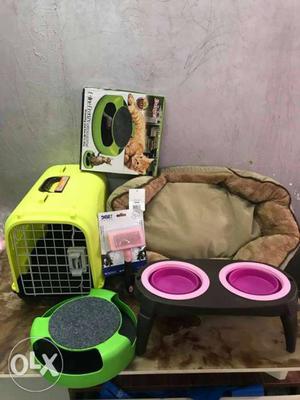 Cat bed, brush, food bowls, cat carrier,