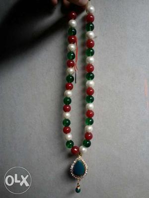 Green, Red, And White Beaded Necklace