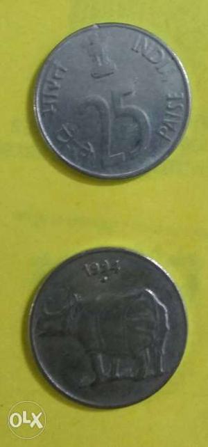 Antique two 25 paisa coins of year  and 