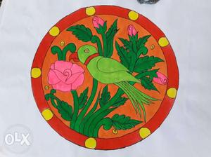Round Green, Yellow, And Red Floral Ceramic Plate