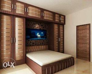 Brown Wooden Bed and wardrobe