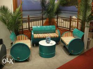 Teal Metal Base With Brown Fabric Padded 3-piece Sofa Set