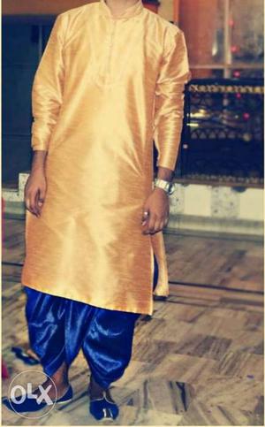 Ethnic wear, Dhoti-kurta, traditional silk kurta (gold) with
