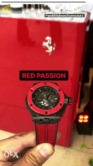 Round Red And Black Digital Watch With Red Strap