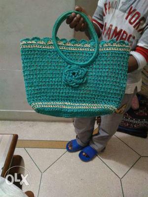 Teal And White Knitted Basket
