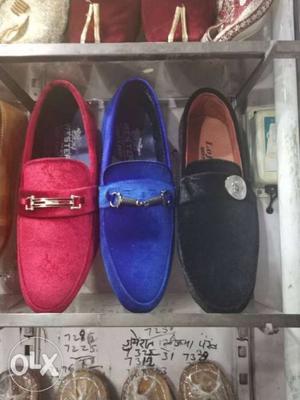 Three Pairs Of Blue,Red and blsck Slip-on Shoes
