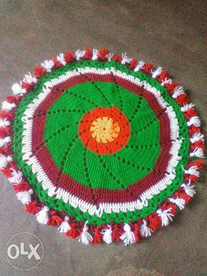 White, Red, And Green Knitted Doily