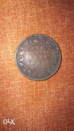 Old Vintage Coin of Qurter (1/4) Anna. initial Indian