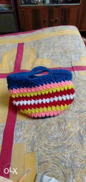 Blue, Red, And White Knitted Bag