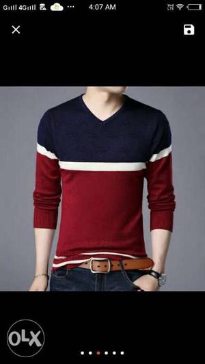 Men's Blue And Red Crew-neck Shirt