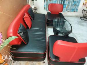 Red And Black Leather Living Room Sofa Set