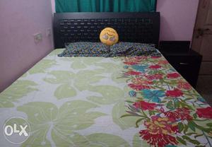 Queen bed + mattress + side table, Teak wood headboard, good
