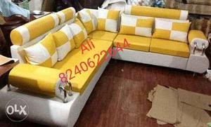Yellow And White Fabric Sectional Sofa