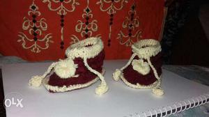 Pair Of Red-and-white Knit Bootees Car