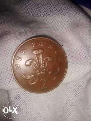 Round Copper 2 New Pence Coin