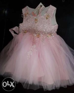 Party wear Baby Pink frock with Bead-work and