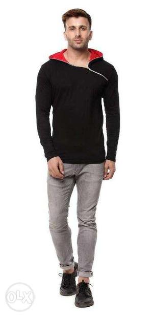 Black Zip-Front Hooded Cotton Tshirt