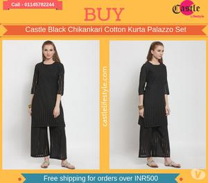 Buy Castle Black Chikankari Cotton Kurta Palazzo Set Delhi