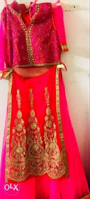 Gorgeous full work brown kurti along with dark pink skirt