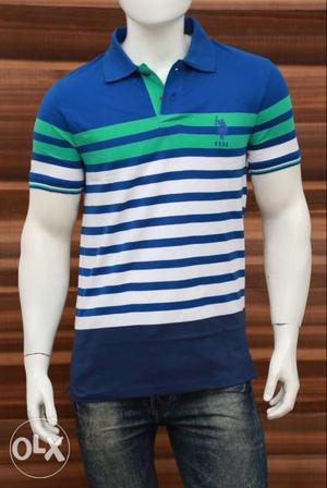 Blue And Green Striped Polo Shirt