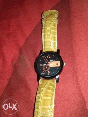 Round Black orange Watch With Leather band