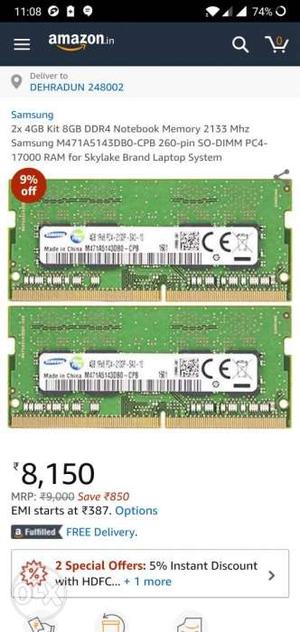 1*8GB DDR4 Notebook Memory  Mhz Samsung