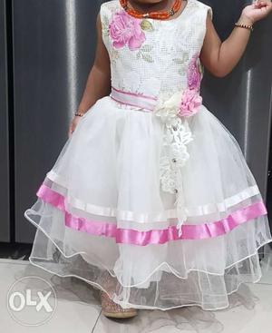 Girl's White And Pink Floral Dress
