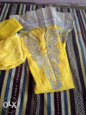 Yellow anarkali suit with dupatta and pyjami