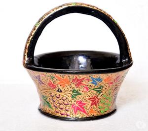 Black Kashmiri Chinar Design Paper Mache Decor Basket Jammu