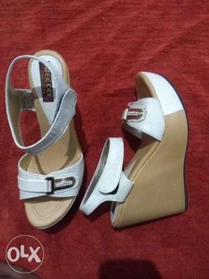 Pair Of White Leather Open-toe Slingback Wedges