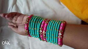 Pink, Green, And Blue Beaded Bracelets