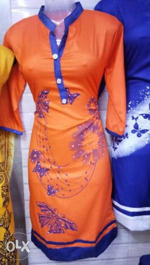 Women's Orange And Blue Floral Traditional Dress