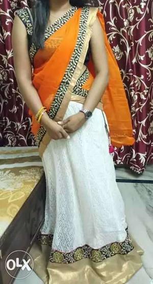 Women's White & orange Sleeveless party wear lahnga choli