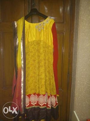 Yellow and red anarkali with churidar sleeves