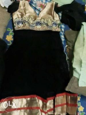 Black Red and Gold Anarkali (Net. Readymade. Full Sleves)