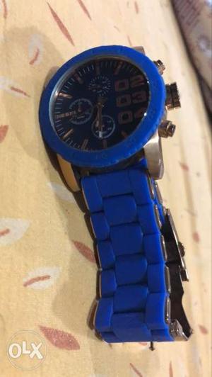 Round Blue Chronograph Watch With Blue Link Bracelet