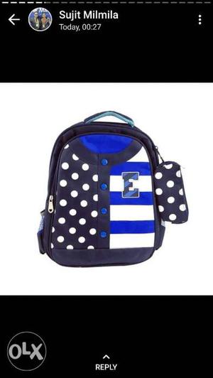 Black, White, And Blue Polka-dot And Striped Backpack And