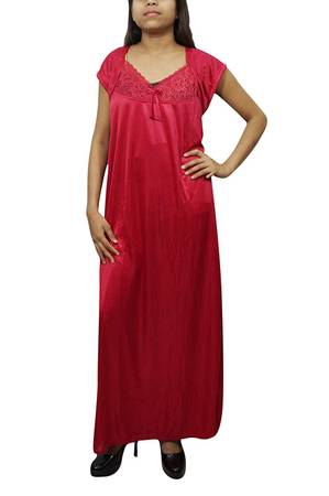 Indiatrendzs Women's Nighty Satin Bedroom Dress 2 Pcs. Red