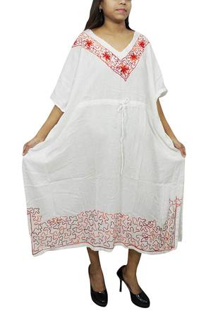 Women Embroidered Kaftan Nightwear White Cotton House Dress