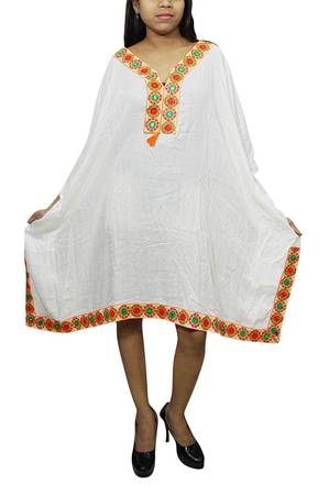 Women House Wear Kaftan V-Neck Embroidered Cotton Short