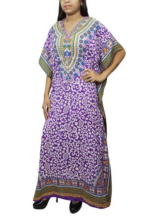 Women Summer Style Kaftan Leaves Printed Viscose Purple Maxi