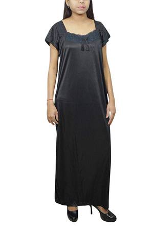 Indiatrendzs Women Nighty Solid Black Satin Nightwear with