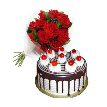 RED ROSES WITH BLACK FOREST CAKE